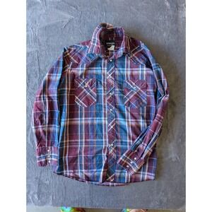Wrangler Mens Western Plaid Pearl Snap Shirt Burgundy Blue 75204PP L